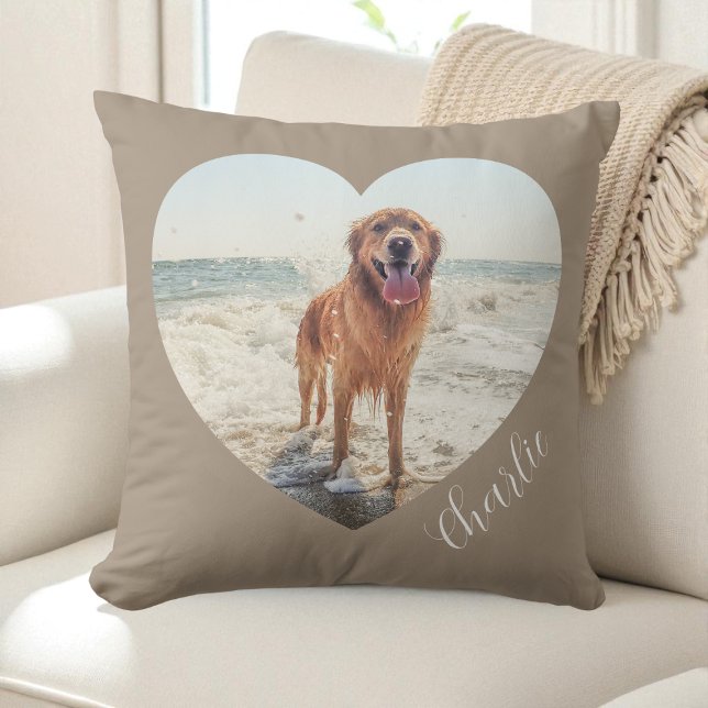 Almofada Cachorro Personalizado Foto Coração Pet Script Beg (Script Taupe Pet Heart Photo Personalized Dog Throw Pillow)