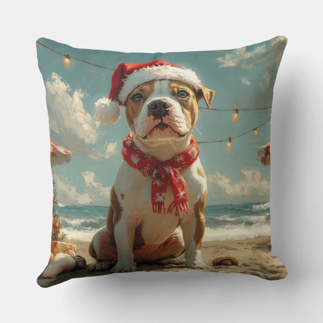 Almofada Cachorro Pitbull Natal Vintage Praia (Verso)