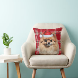 Almofada Cachorro Pomerânia Xadrez Vermelho Natal Feriado