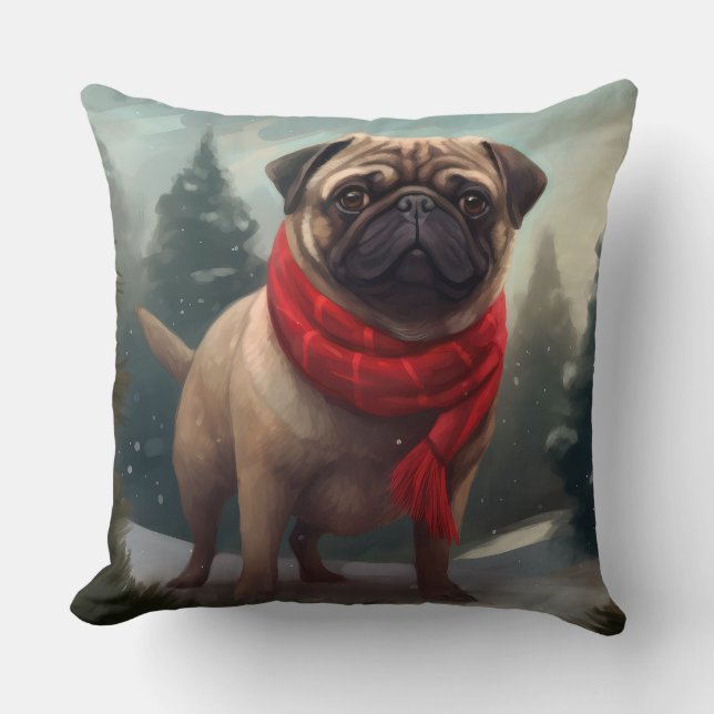 Almofada Cachorro Pug na Neve Natal (Frente)