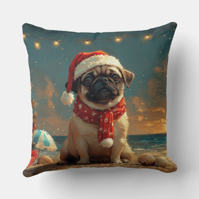 Almofada Cachorro Pug Natal Vintage Praia (Verso)