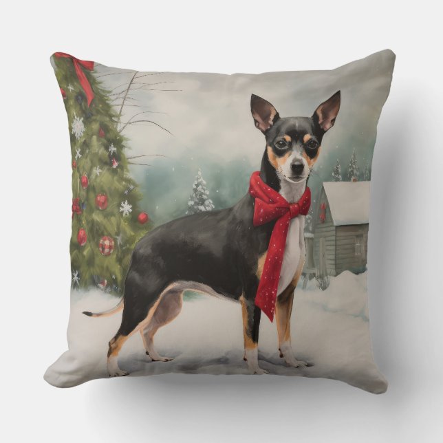 Almofada Cachorro Rat Terrier na Neve Natal (Frente)