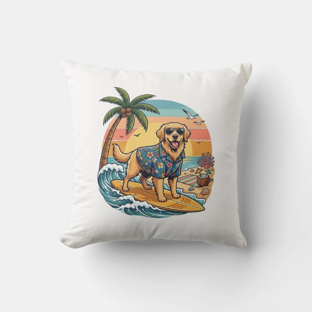 Almofada Cachorro Retriever Dourado Surfando Prancha de Sur (Frente)