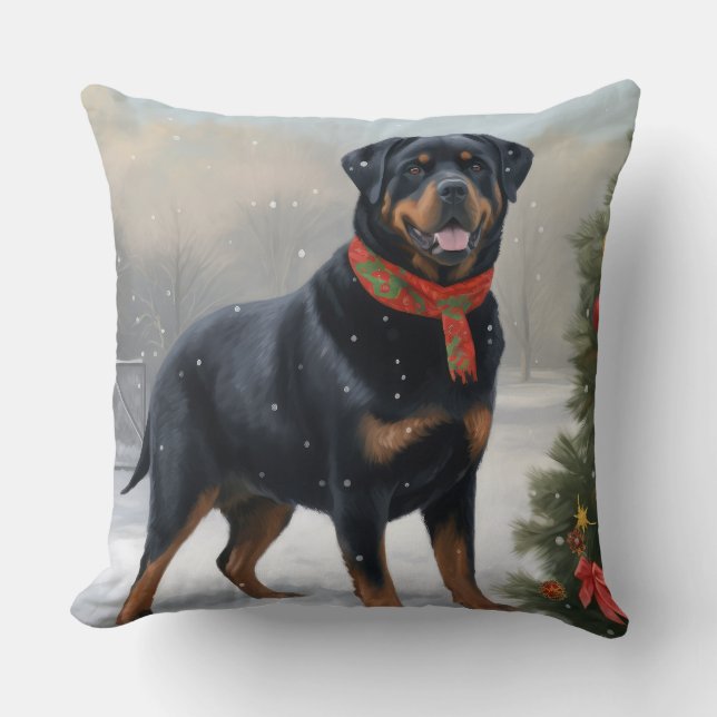 Almofada Cachorro Rottweiler na Neve Natal (Frente)