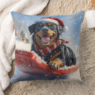 Almofada Cachorro Rottweiler no Trenó Deixe Nevar Natal