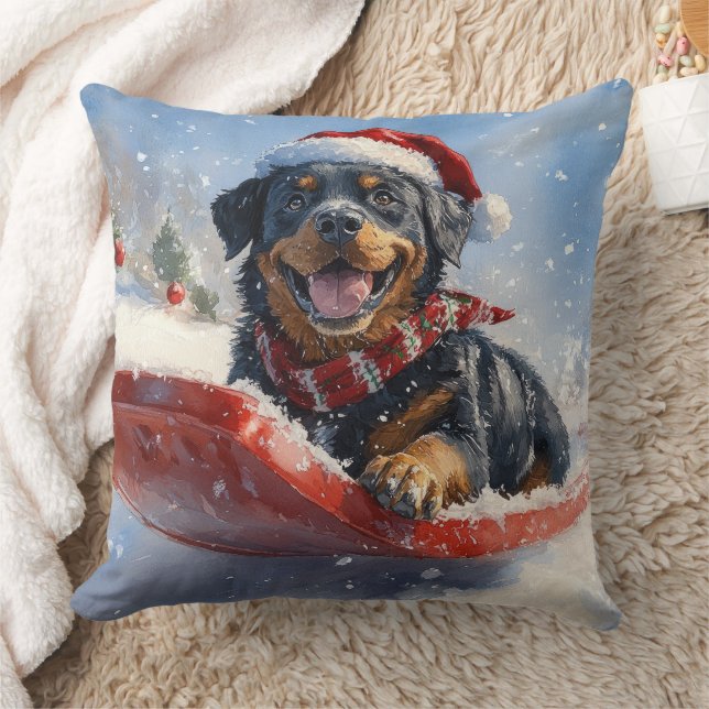 Almofada Cachorro Rottweiler no Trenó Deixe Nevar Natal (Cobertor)