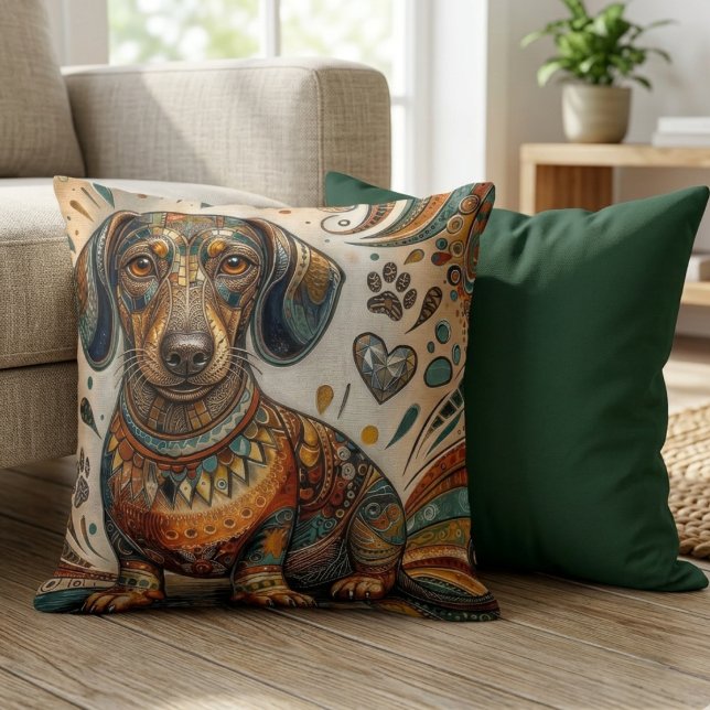Almofada Cachorro Salsicha Mosaico Ornado Boho (An ornate mosaic dachshund pillow for a doxie mom's vibrant housewarming living room decor.)