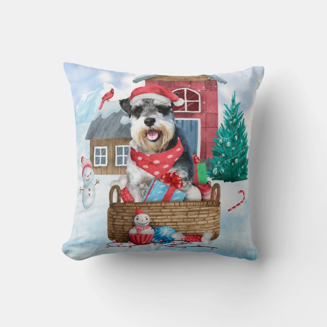 Almofada Cachorro Schnauzer na Casa de Natal na Neve (Frente)