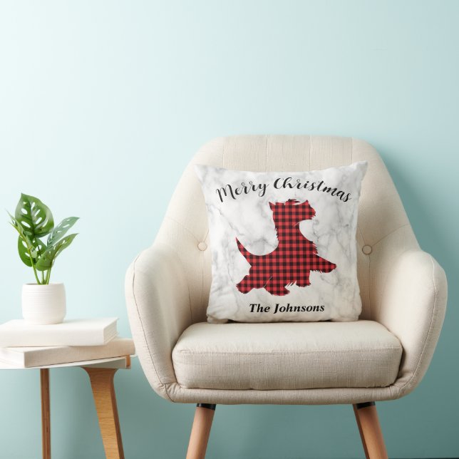 Almofada Cachorro Scottie de Natal Xadrez Vermelho (Cadeira)