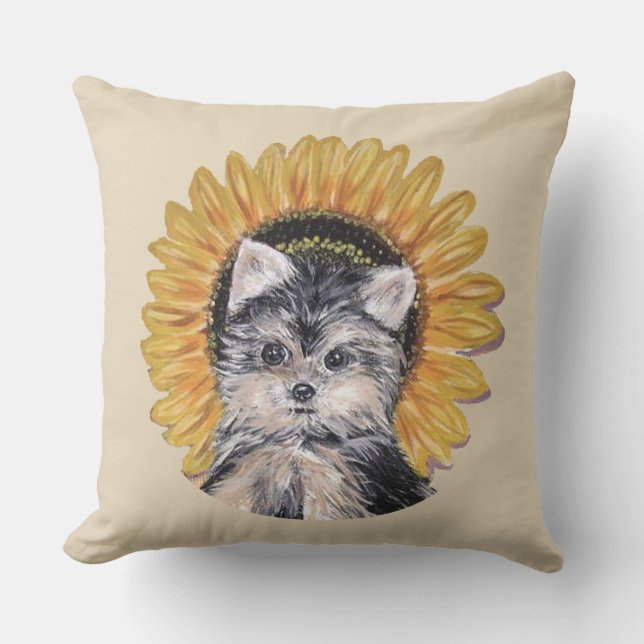 Almofada Cachorro Yorkshire Terrier Fofo & Girassol em Bege (Frente)