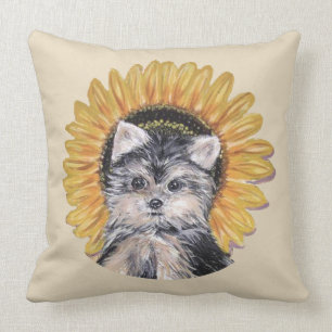 Almofada Cachorro Yorkshire Terrier Fofo & Girassol em Bege