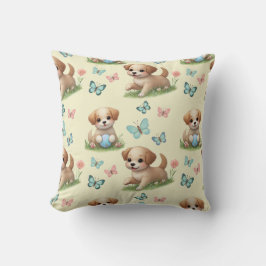 Almofada  Cachorros e Borboletas em Aquarela Amarela