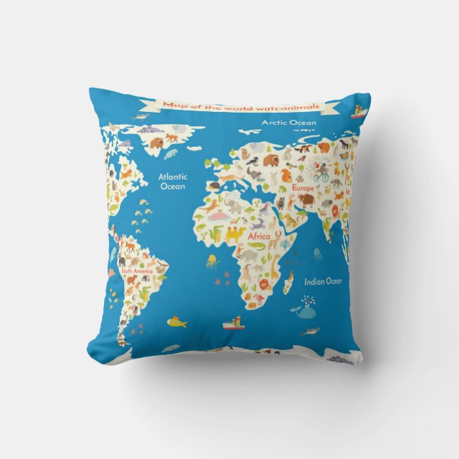 Almofada Caçoa o mapa do mundo com animais (Frente)