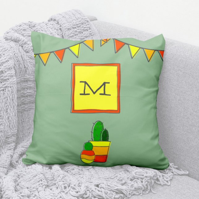 Almofada Cactus Bonitos Desenhados À Mão + Monograma Festiv (Fun Fiesta Green, Yellow, Red, and Orange Modern Monogram  Throw Pillow)