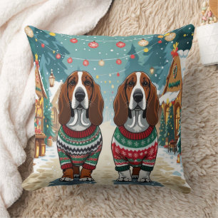 Almofada Cães Basset Hound Natal Neve Feriado