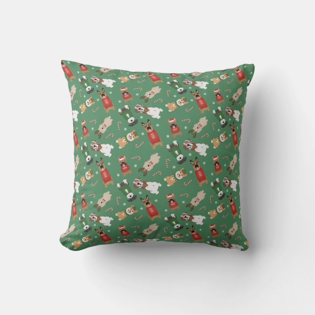 Almofada Cães de Natal Padrão Vermelho Verde (Frente)