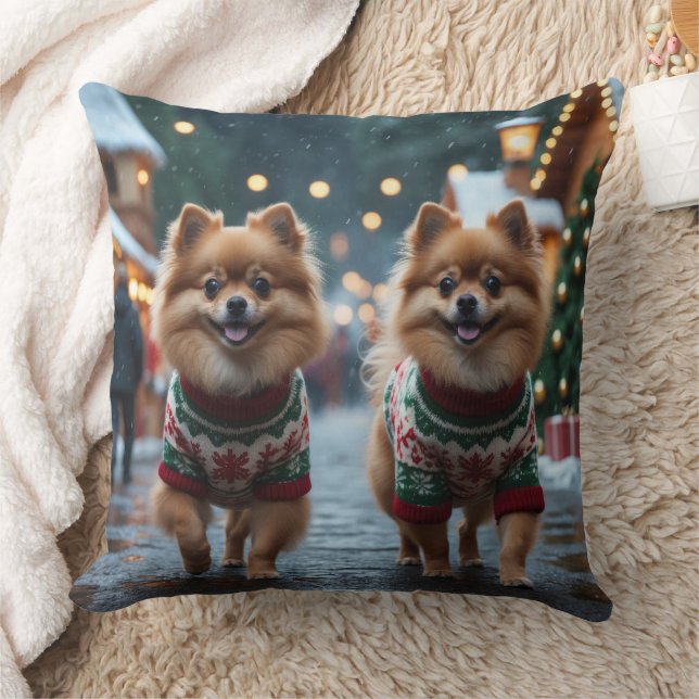 Almofada Cães Pomerânia Natal Neve Férias  (Cobertor)