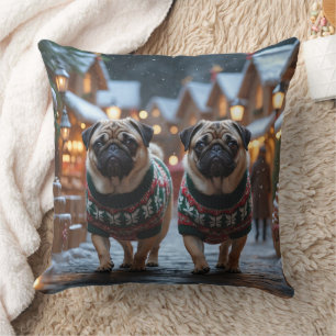 Almofada Cães Pug Natal Neve Férias