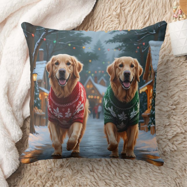 Almofada Cães Retriever Dourados Natal Neve Festa (Cobertor)