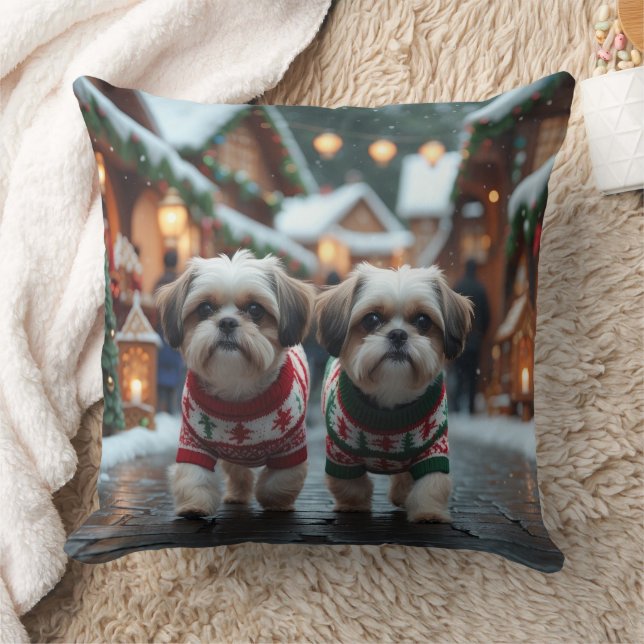 Almofada Cães Shih Tzu Natal Neve Feriado (Cobertor)