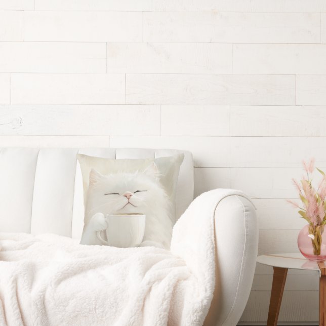 Almofada Café de Bebendo de Gato Branco Fluffy - Café Ouro (Sofá)