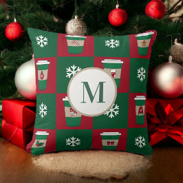 Almofada Café Natal Flocos de Neve Monograma de Férias de N