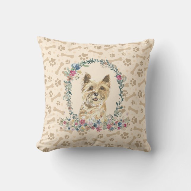 Almofada Cairn Terrier Dog Paw Print & Floral Cute (Frente)