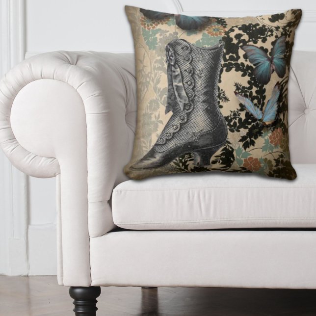 Almofada calçado vitoriano da borboleta floral steampunk (steampunk floral butterfly vintage Victorian Shoe Throw Pillow)