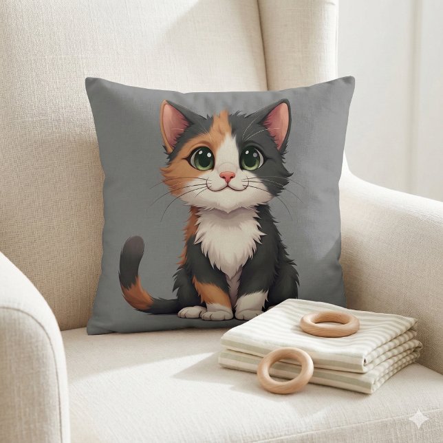 Almofada Calico Kitten Whimsical com Cattitude (Whimsical Calico Kitten with Cattitude Throw Pillow Mockup A)