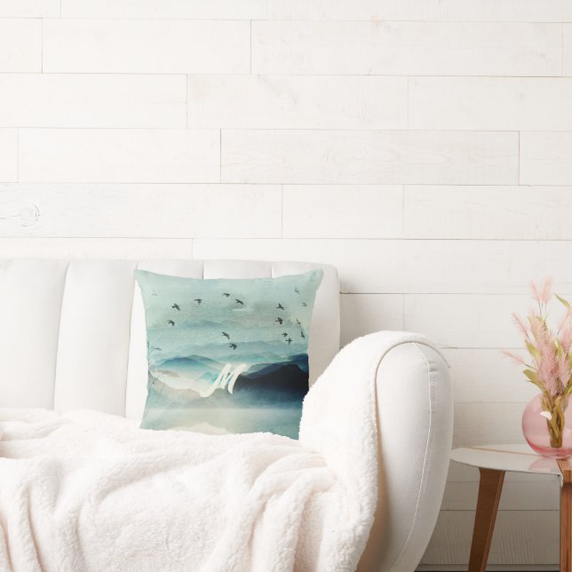 Almofada Calm Natureza Aquarela Cena Montanha Monograma (Sofá)