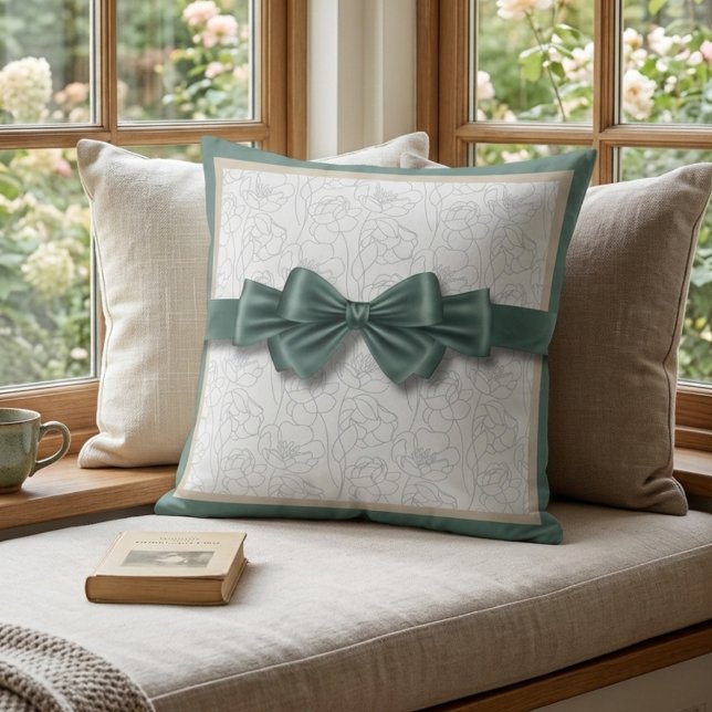 Almofada Calm Sage Sand Neutral Croquet Bow Decor (Find your zen with the peaceful sage green and sand tones of our ribbon motif pillow)