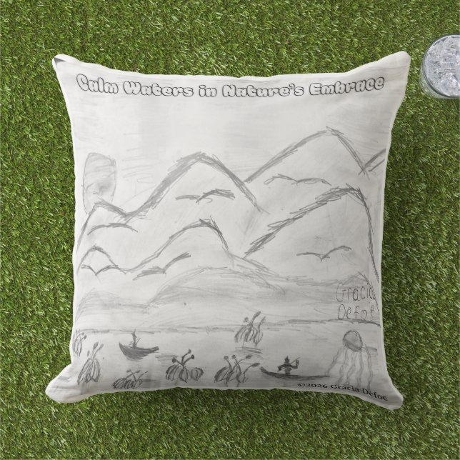 Almofada 'Calm Waters in  Nature's Embrace' Throw Pillow (Grama)
