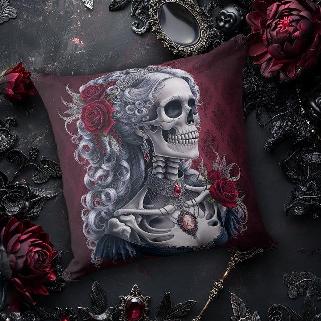 Almofada Cameo de Crânio Feminino em Vermelho (Criador carregado)