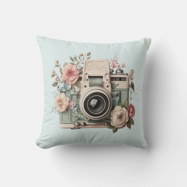 Almofada Câmera com Imagem Retro Pastel de Flores (Frente)