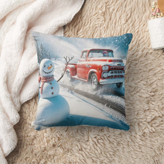 Almofada Caminhão Retro Vermelho Natal Com Neve (Cobertor)