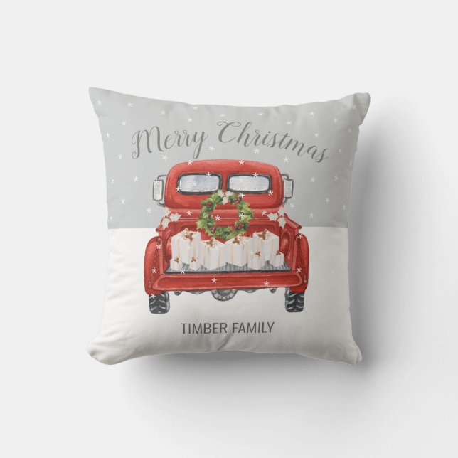 Almofada Caminhão Vermelho Vintage Cinza Branco Natal (Frente)