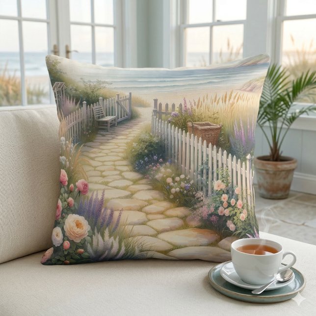 Almofada Caminho do Jardim da Cabana para o Mar (Cottage Garden Path to the Sea Throw Pillow In Family Room)
