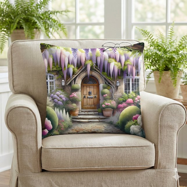 Almofada Caminho Encantado de Jardim de Casa de Campo Capri (Whimsical Cottage Garden Pathway Throw Pillow Mockup A)