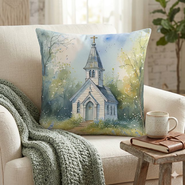 Almofada Caminho Rústico da Igreja em Prado de Flores Silve (Rustic Church Path in Wildflower Meadow Throw Pillow Mockup A)