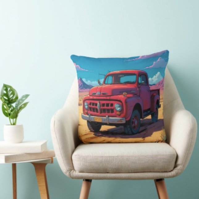 Almofada Caminhonete Americana Clássica  (Retro Red Pickup Truck pillow high quality 100% polyester hidden zipper enclosure. Made in the USA. )