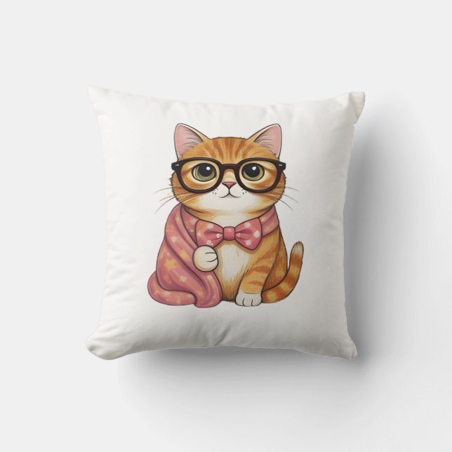Almofada Camisa com Gravata Borboleta de Gato Laranja Nerd (Frente)