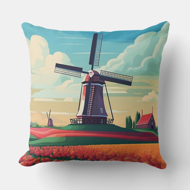 Almofada Campo de Tulipas da Holanda Moinho de Vento Bandei (Frente)