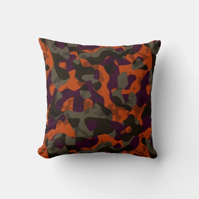 Almofada Camuflagem abstrata oliva, grená e laranja fogo (Frente)