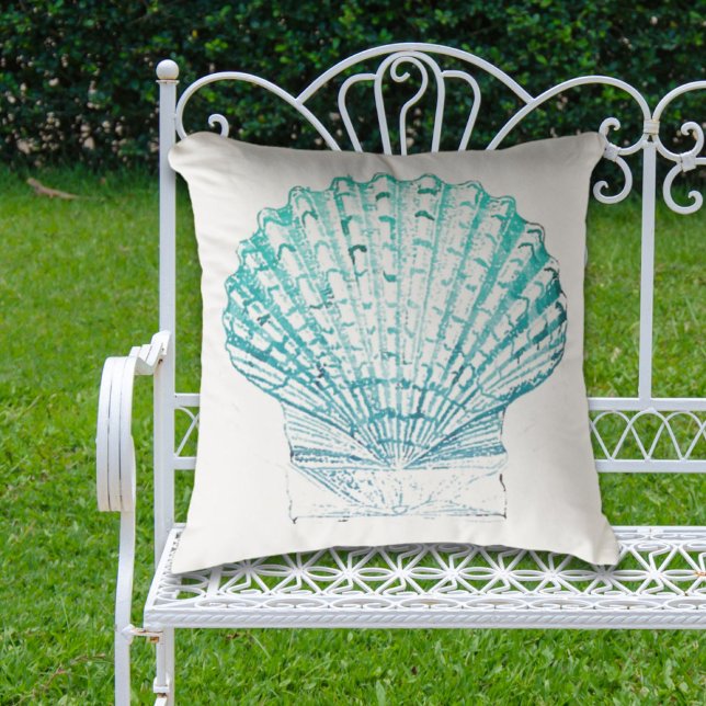Almofada Cana-de-água azul-lacrimogéia da costa (coastal chic teal blue watercolor mermaid seashell outdoor pillow)
