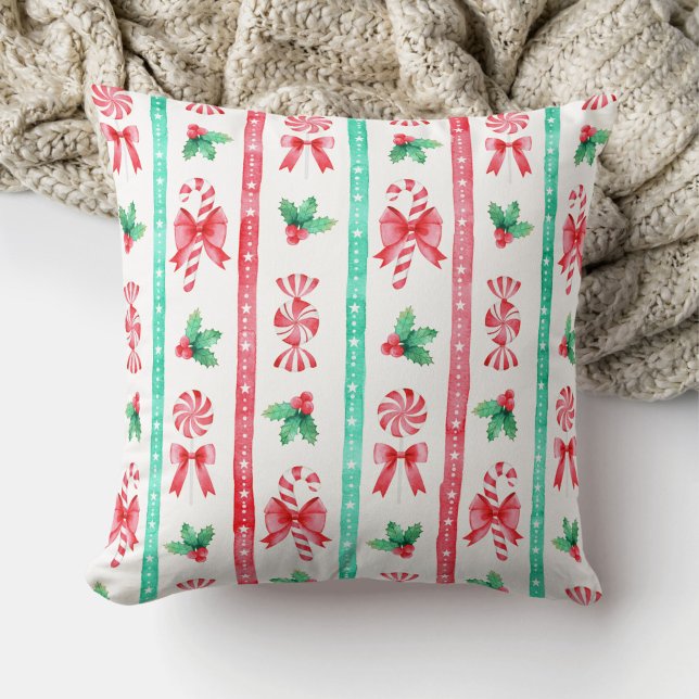 Almofada Cana-de-canas-doce + verde-listras (Watercolor Red + Green Stripes and Christmas Candy Throw Pillow)