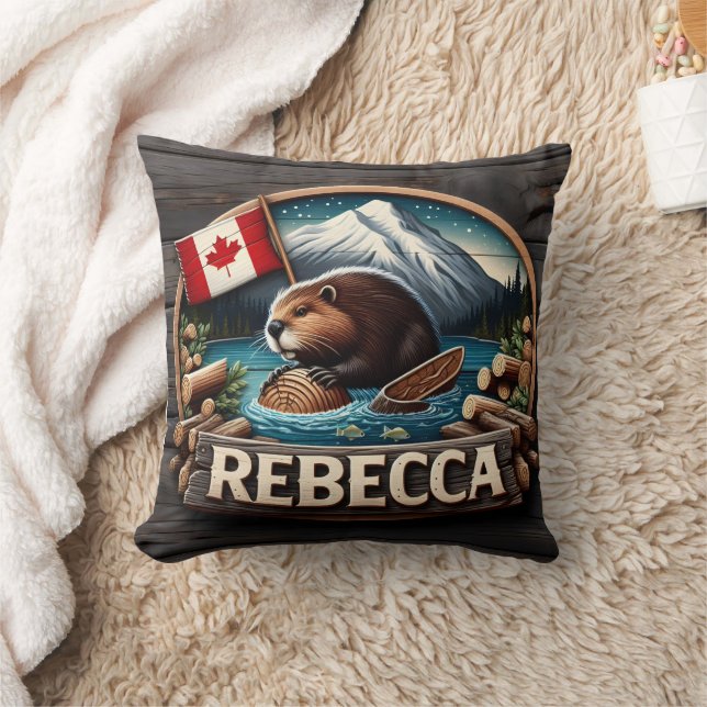 Almofada Canadian Beaver Holding Log by Canadian Flag (Cobertor)