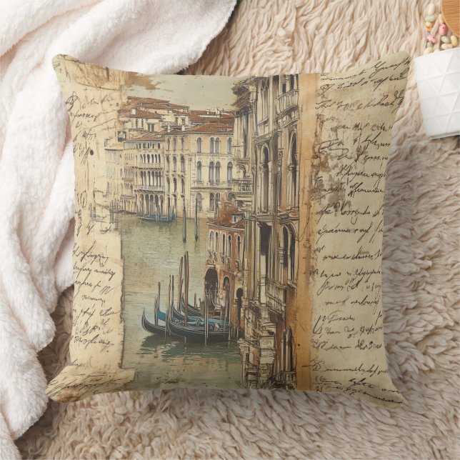 Almofada Canal de Veneza Vintage com Letra Manuscrita (Cobertor)