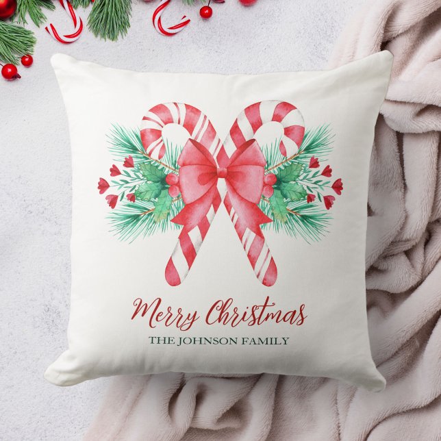 Almofada Canas e Arcos de canas de aquarela + nome Natal (Watercolor Candy Canes and Bow + Name Christmas Throw Pillow)