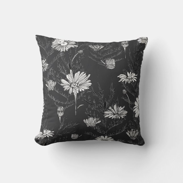 Almofada Caneta Negra Chamomile: Desenho Floral. (Frente)
