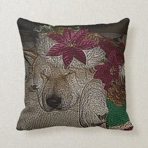 Almofada Cão bonito de akita no sono vermelho do chapéu d